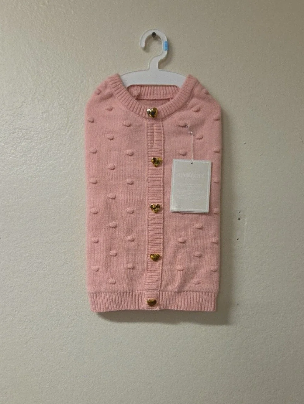 Shabby Chic Boutique Pink Bobble-Knit Dog Cardigan with Gold Heart Buttons